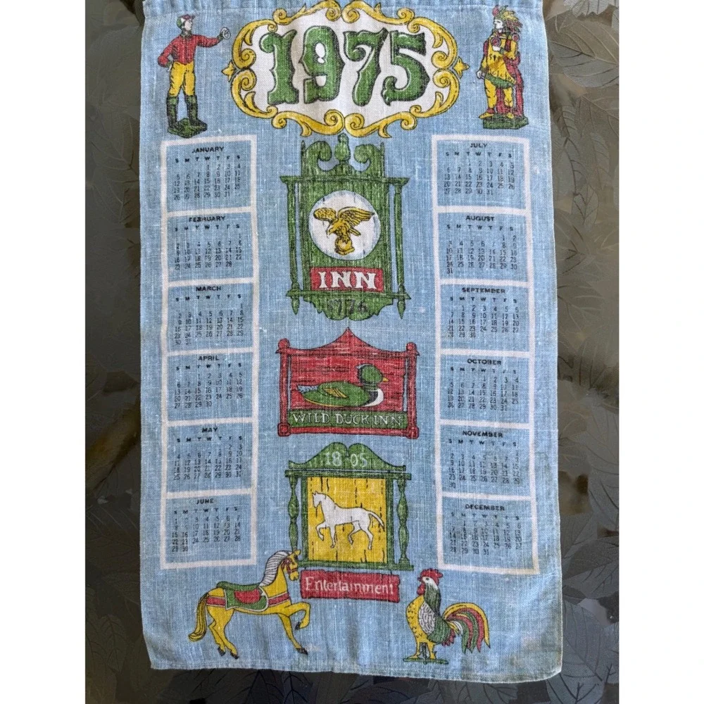 Vintage 1975 Calendar Linen Tea Towel Blue Yellow Inn Signs Wall Hanging